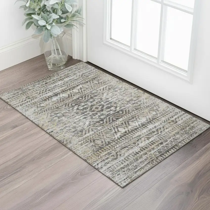 Gray Gold And Ivory Moroccan Washable Area Rug With UV Protection Photo 2