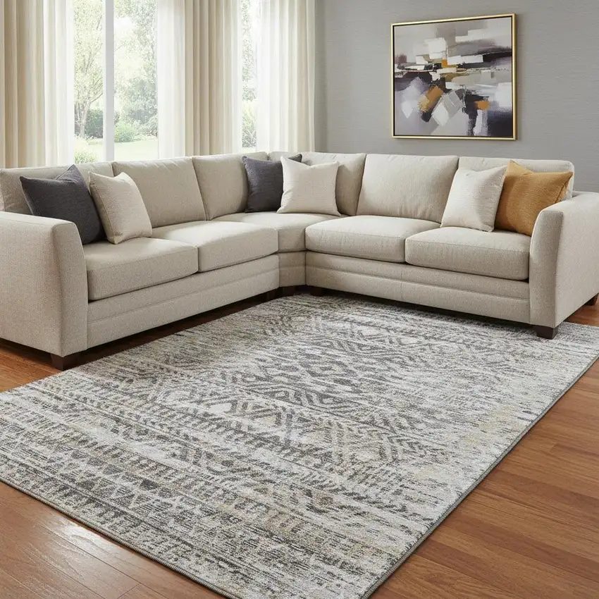 Gray Gold And Ivory Moroccan Washable Area Rug With UV Protection Photo 2