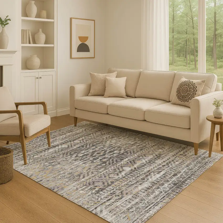 Gray Gold And Ivory Moroccan Washable Area Rug With UV Protection Photo 5