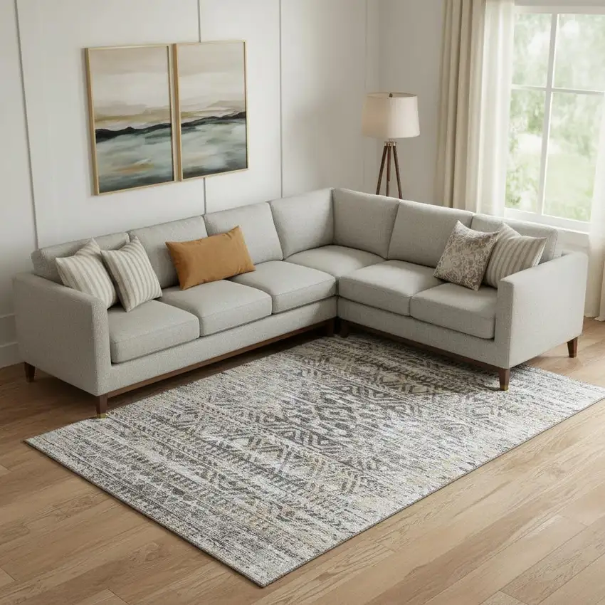 Gray Gold And Ivory Moroccan Washable Area Rug With UV Protection Photo 2