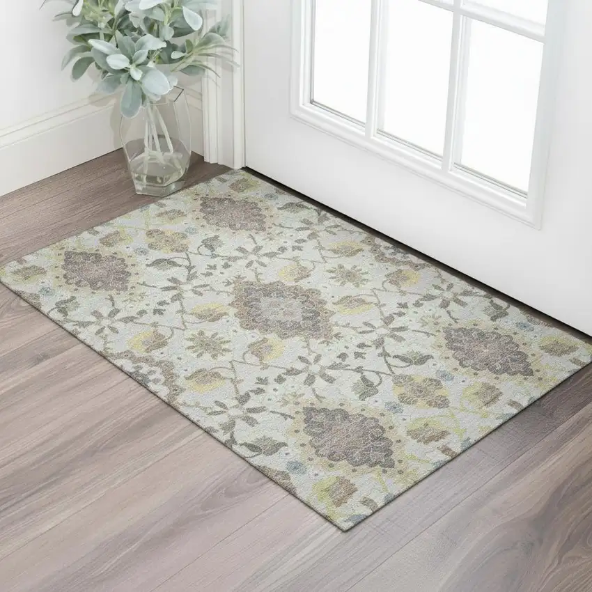 Gray Gold And Ivory Oriental Washable Area Rug With UV Protection Photo 2