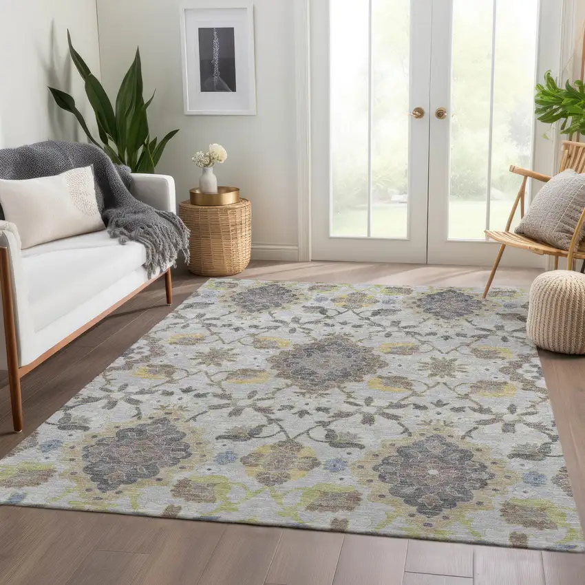 Gray Gold And Ivory Oriental Washable Area Rug With UV Protection Photo 4