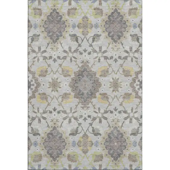 Gray Gold And Ivory Oriental Washable Area Rug With UV Protection Photo 1