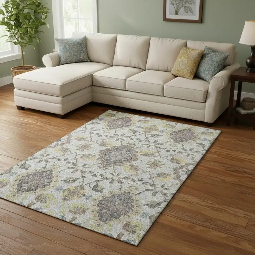 Gray Gold And Ivory Oriental Washable Area Rug With UV Protection Photo 2