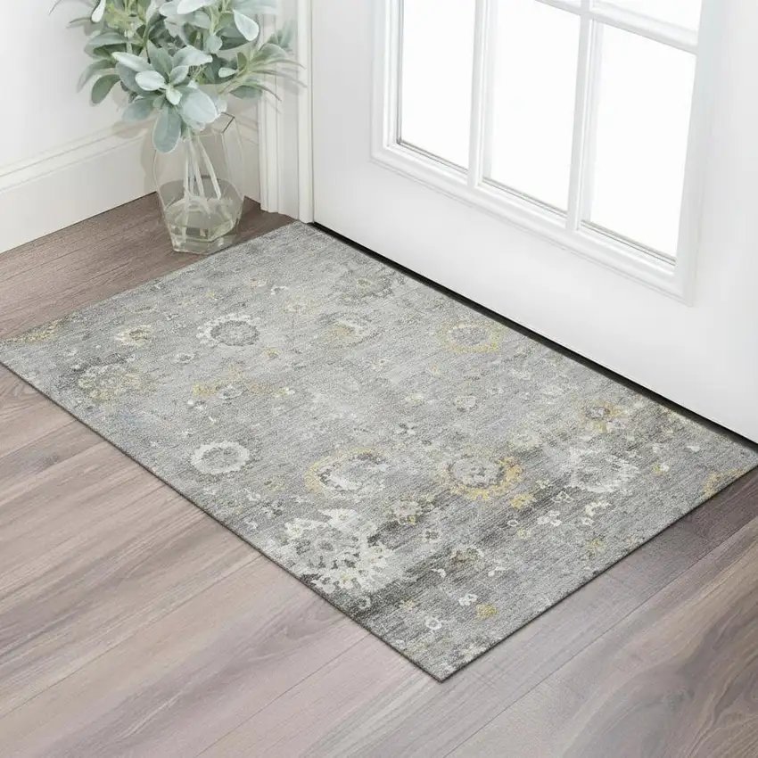 Gray Gold And Ivory Oriental Washable Area Rug With UV Protection Photo 2
