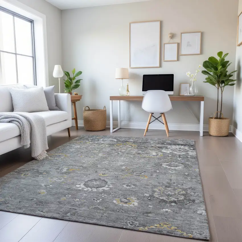 Gray Gold And Ivory Oriental Washable Area Rug With UV Protection Photo 4