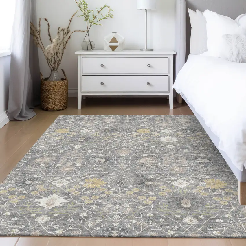 Gray Gold And Ivory Oriental Washable Indoor Outdoor Area Rug Photo 9