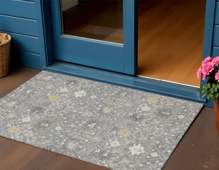 Gray Gold And Ivory Oriental Washable Indoor Outdoor Area Rug Photo 1