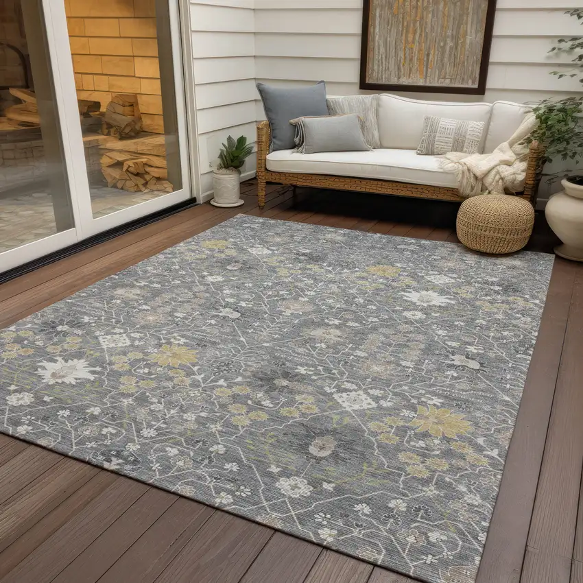 Gray Gold And Ivory Oriental Washable Indoor Outdoor Area Rug Photo 8