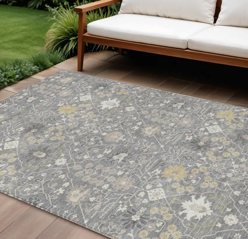 Gray Gold And Ivory Oriental Washable Indoor Outdoor Area Rug Photo 1