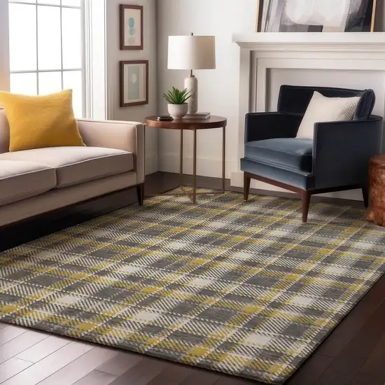 Gray Gold And Ivory Plaid Washable Area Rug With UV Protection Photo 4