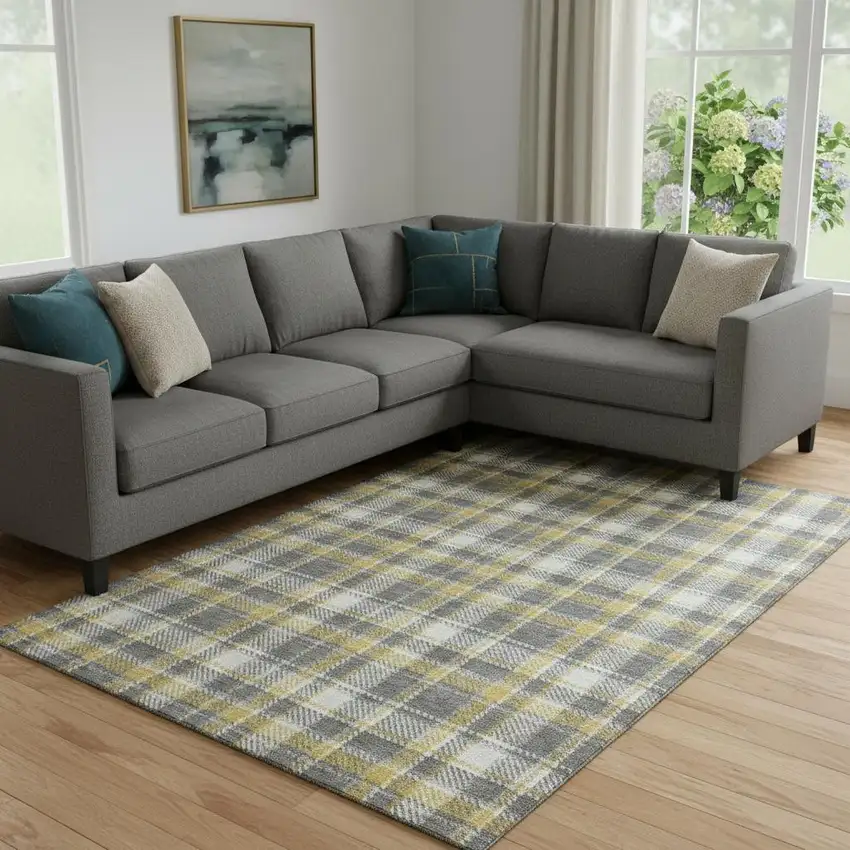 Gray Gold And Ivory Plaid Washable Area Rug With UV Protection Photo 1