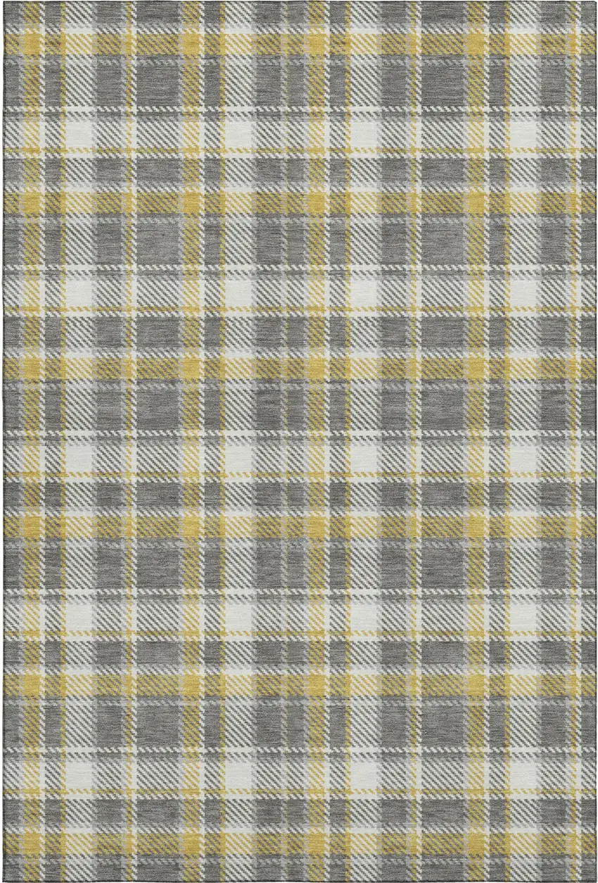 Gray Gold And Ivory Plaid Washable Area Rug With UV Protection Photo 1