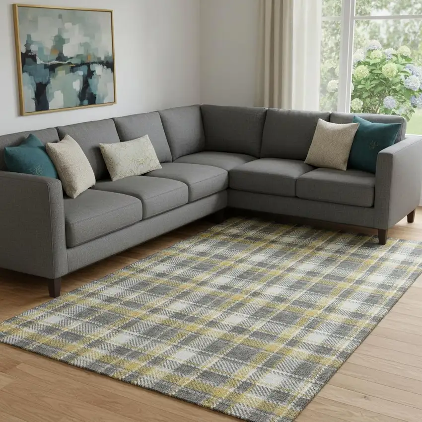Gray Gold And Ivory Plaid Washable Area Rug With UV Protection Photo 1
