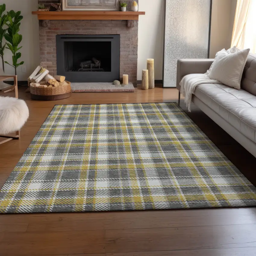 Gray Gold And Ivory Plaid Washable Area Rug With UV Protection Photo 5