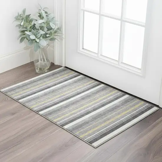 Gray Gold And Ivory Striped Washable Area Rug With UV Protection Photo 2