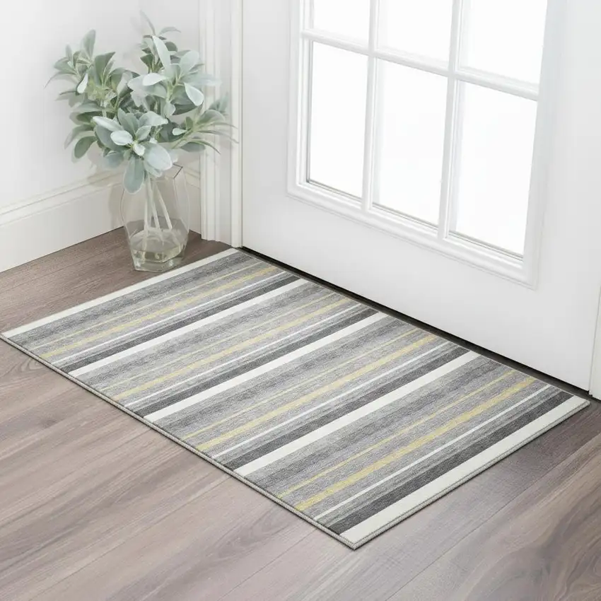 Gray Gold And Ivory Striped Washable Area Rug With UV Protection Photo 2