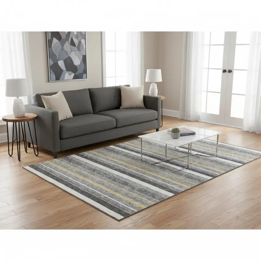 Gray Gold And Ivory Striped Washable Area Rug With UV Protection Photo 2