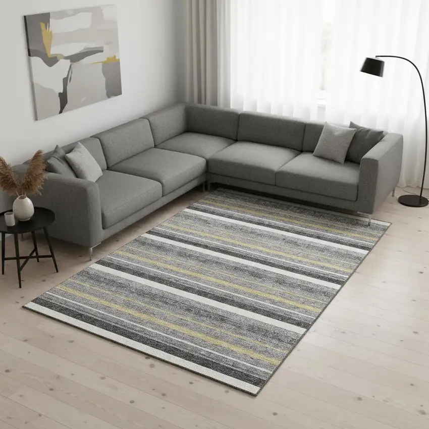 Gray Gold And Ivory Striped Washable Area Rug With UV Protection Photo 2
