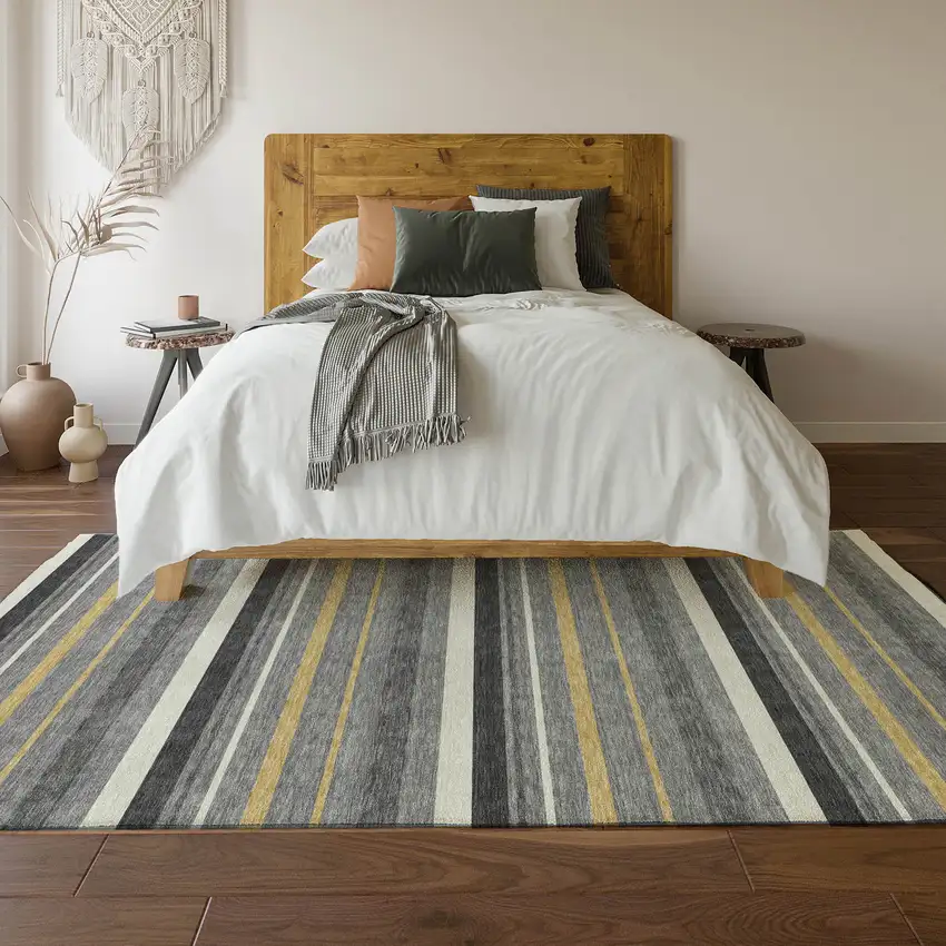 Gray Gold And Ivory Striped Washable Area Rug With UV Protection Photo 6