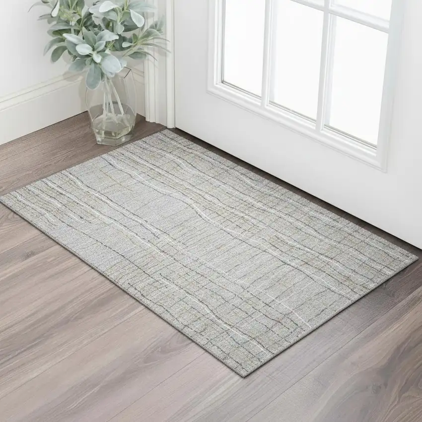 Gray Gold And Ivory Striped Washable Area Rug With UV Protection Photo 2