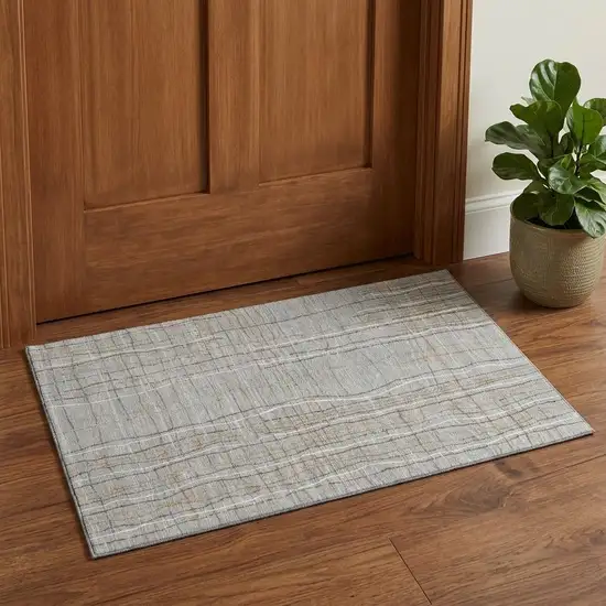 Gray Gold And Ivory Striped Washable Area Rug With UV Protection Photo 1