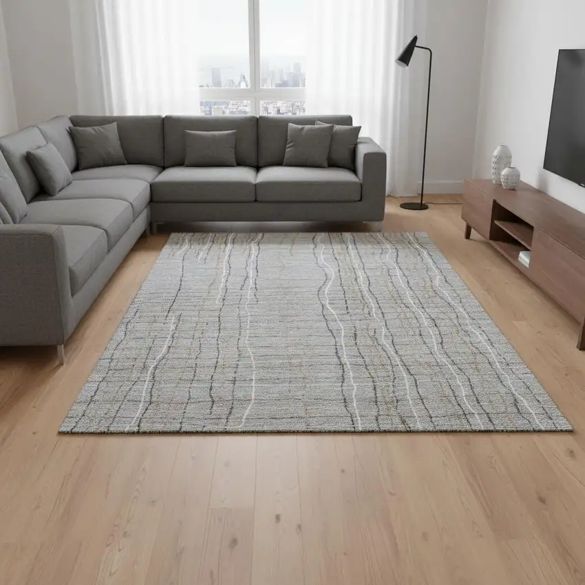 Gray Gold And Ivory Striped Washable Area Rug With UV Protection Photo 2