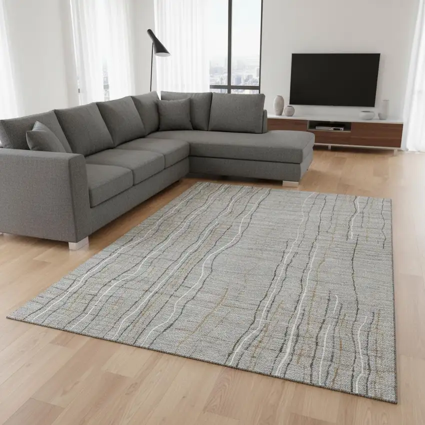 Gray Gold And Ivory Striped Washable Area Rug With UV Protection Photo 2