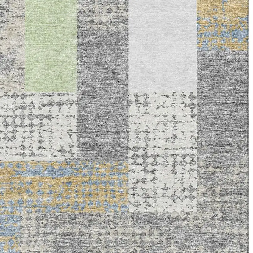 Gray Gold And Mint Green Geometric Washable Area Rug With UV Protection Photo 2