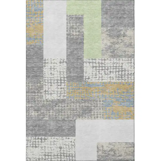 Gray Gold And Mint Green Geometric Washable Area Rug With UV Protection Photo 3