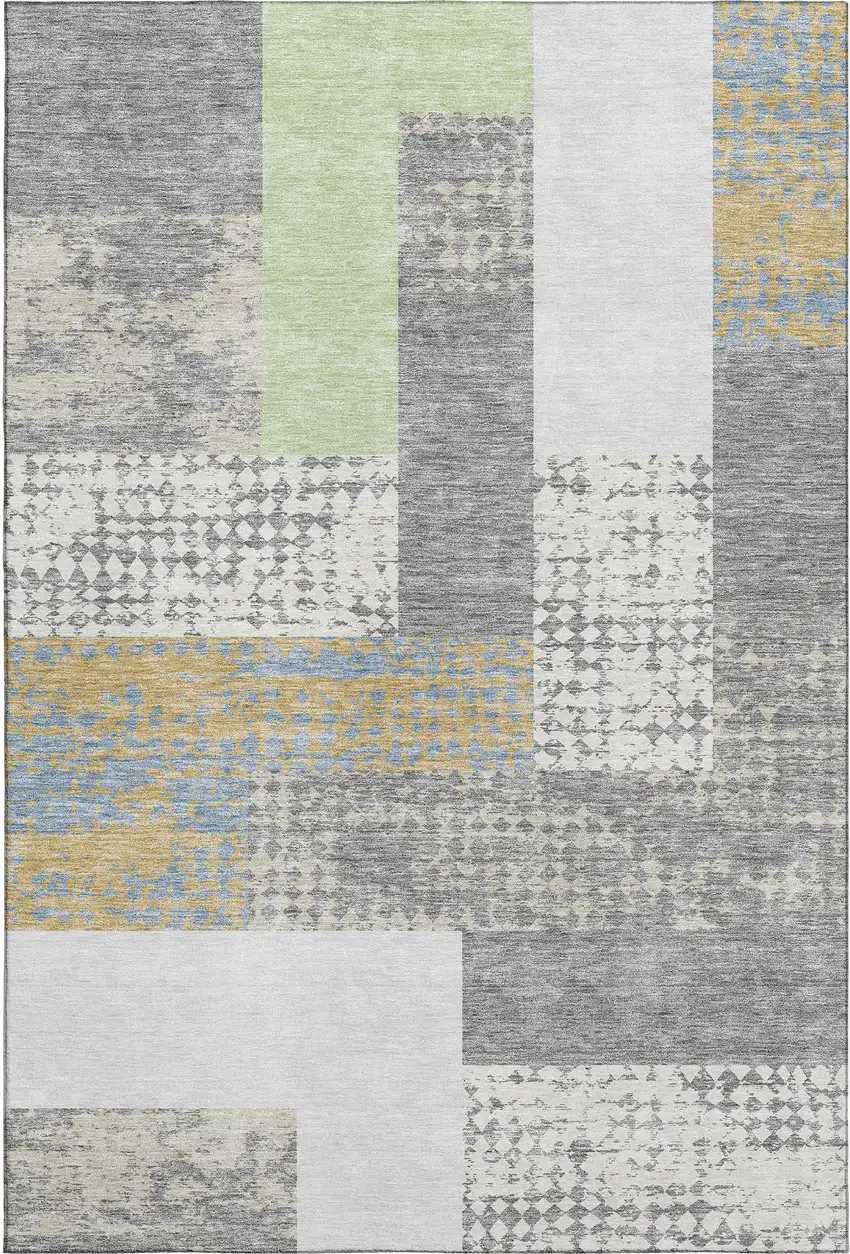 Gray Gold And Mint Green Geometric Washable Area Rug With UV Protection Photo 1