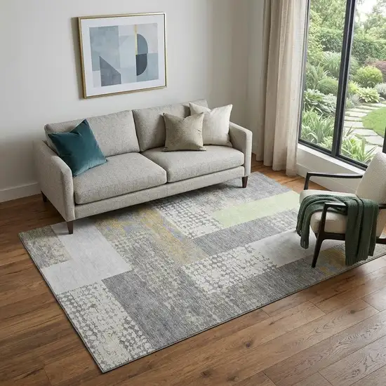 Gray Gold And Mint Green Geometric Washable Area Rug With UV Protection Photo 1