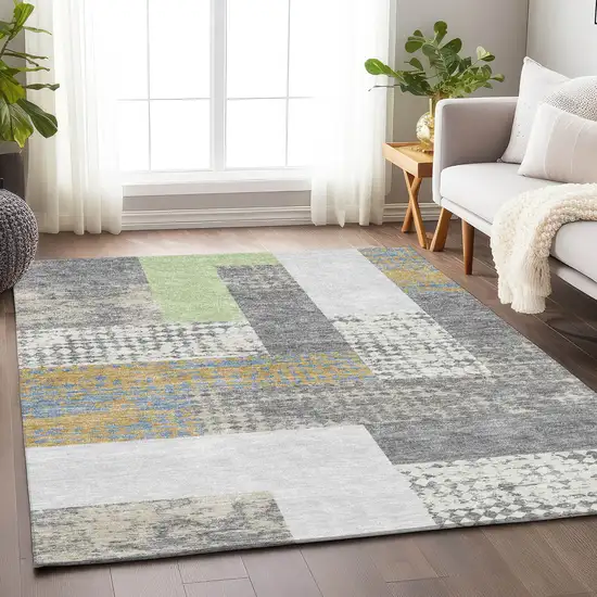 Gray Gold And Mint Green Geometric Washable Area Rug With UV Protection Photo 4