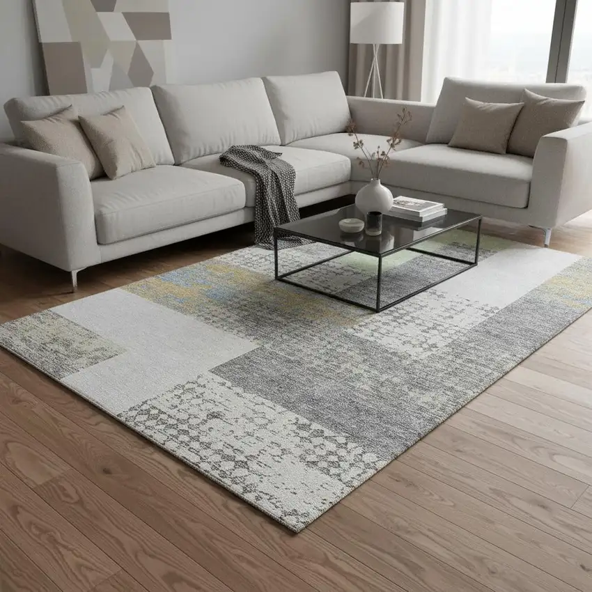 Gray Gold And Mint Green Geometric Washable Area Rug With UV Protection Photo 2