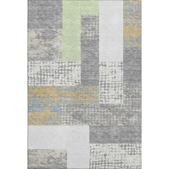 Gray Gold And Mint Green Geometric Washable Area Rug With UV Protection Photo 1