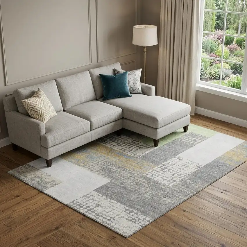 Gray Gold And Mint Green Geometric Washable Area Rug With UV Protection Photo 1