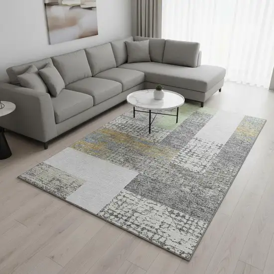 Gray Gold And Mint Green Geometric Washable Area Rug With UV Protection Photo 2