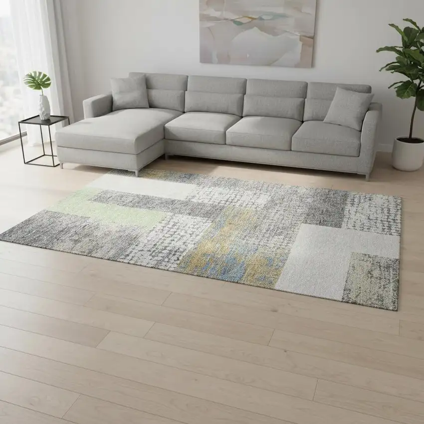 Gray Gold And Mint Green Geometric Washable Area Rug With UV Protection Photo 2