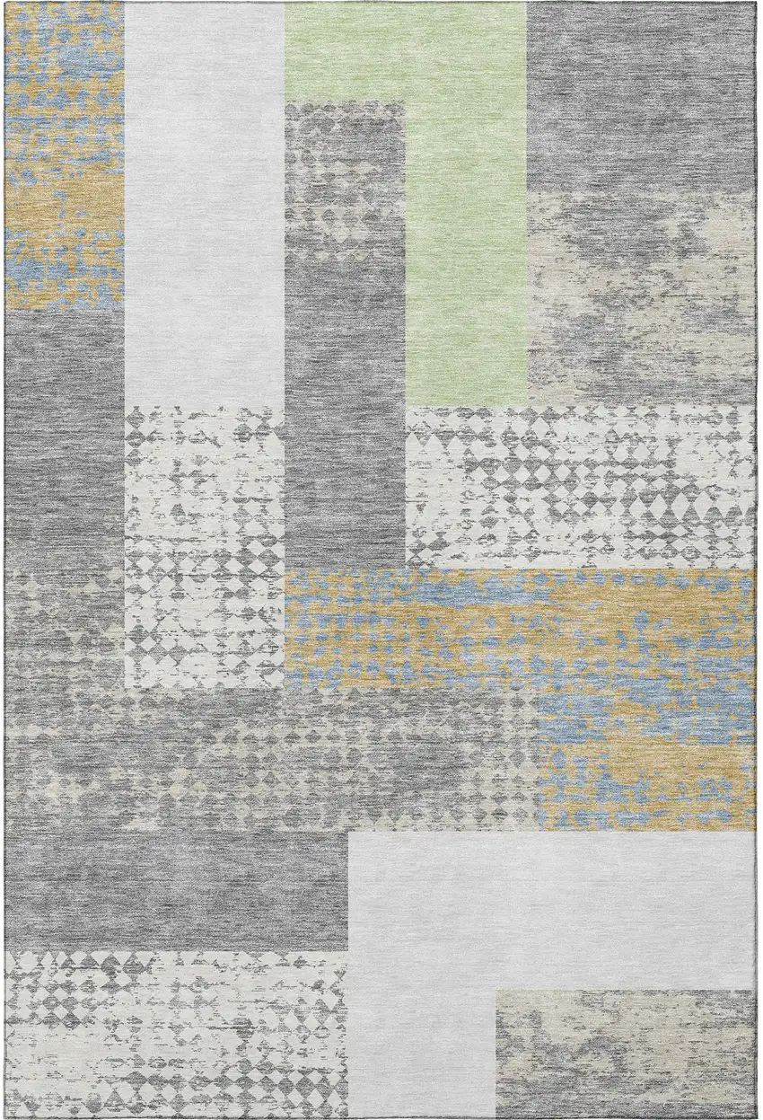 Gray Gold And Mint Green Geometric Washable Area Rug With UV Protection Photo 3