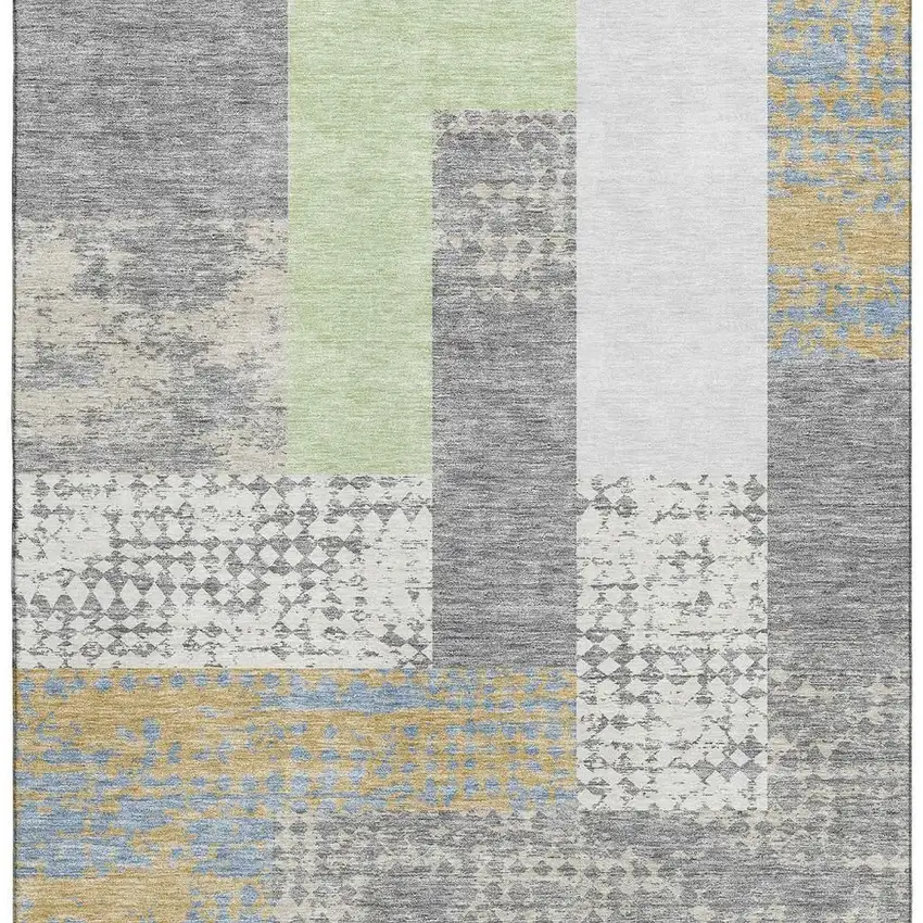 Gray Gold And Mint Green Geometric Washable Area Rug With UV Protection Photo 2