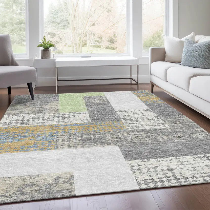 Gray Gold And Mint Green Geometric Washable Area Rug With UV Protection Photo 5