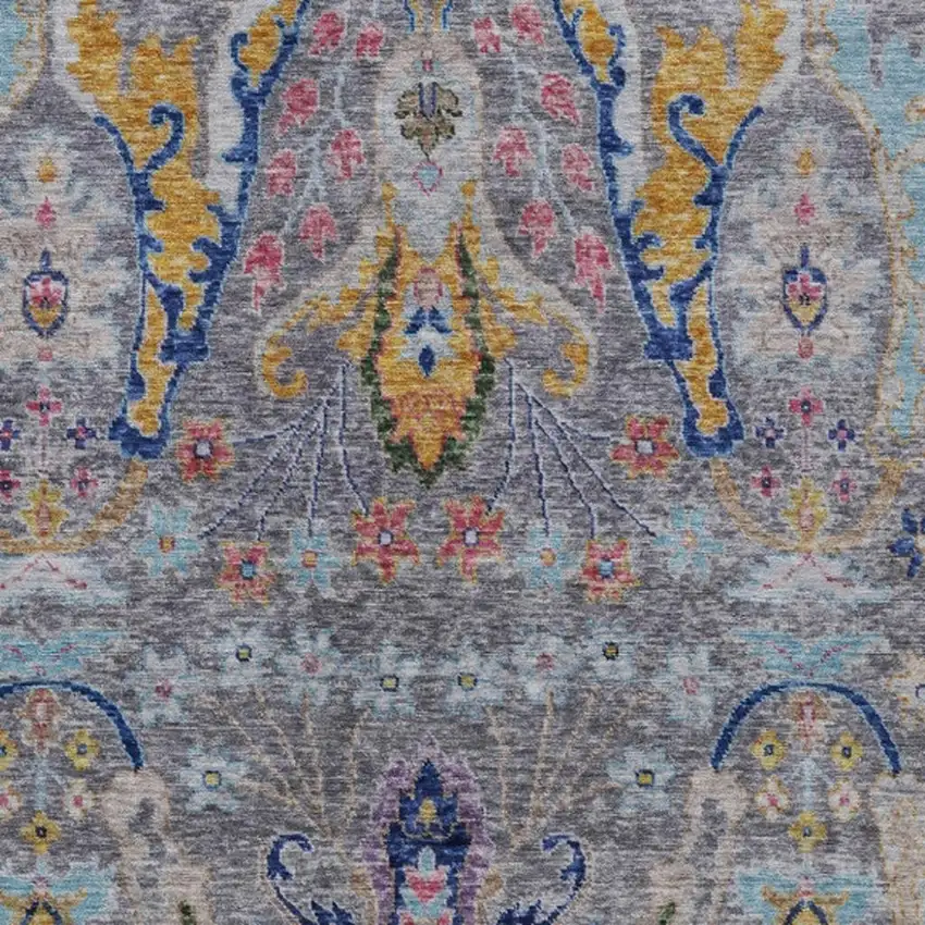 Gray Gold And Navy Blue Floral Washable Indoor Outdoor Area Rug Photo 4