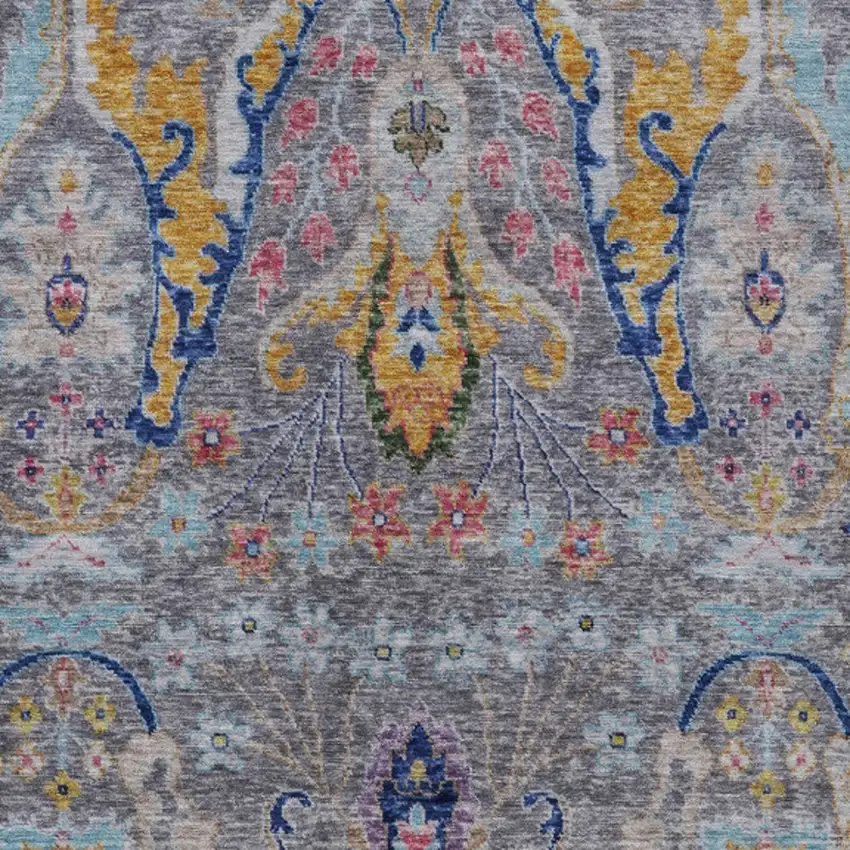 Gray Gold And Navy Blue Floral Washable Indoor Outdoor Area Rug Photo 7