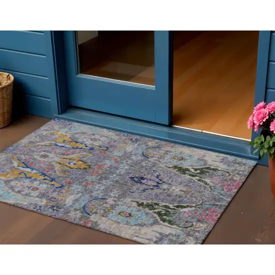 Gray Gold And Navy Blue Floral Washable Indoor Outdoor Area Rug Photo 2
