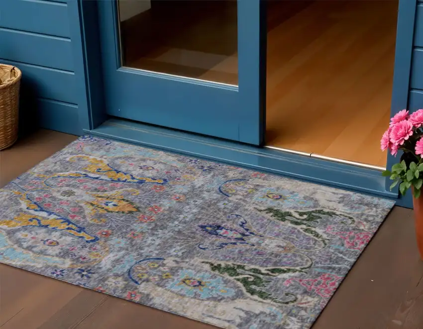 Gray Gold And Navy Blue Floral Washable Indoor Outdoor Area Rug Photo 2