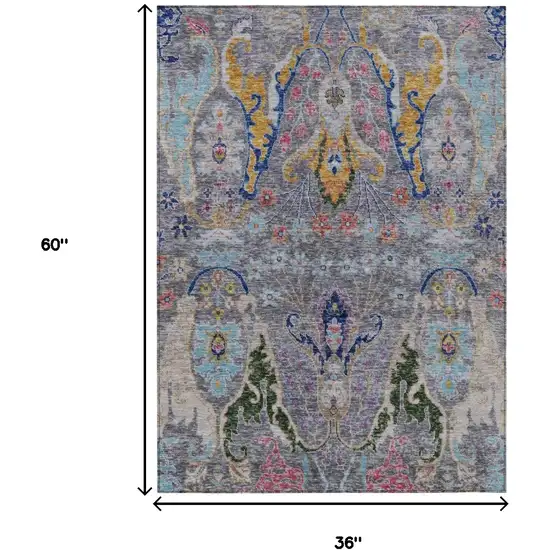 Gray Gold And Navy Blue Floral Washable Indoor Outdoor Area Rug Photo 9