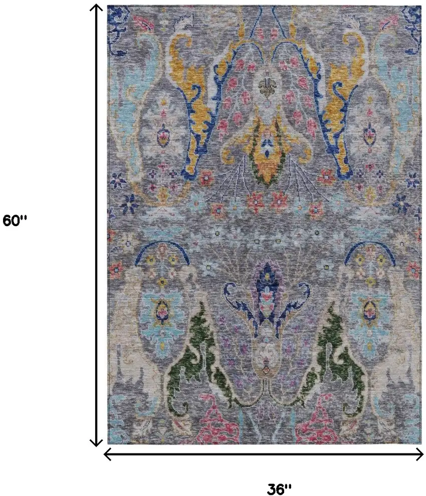 Gray Gold And Navy Blue Floral Washable Indoor Outdoor Area Rug Photo 9