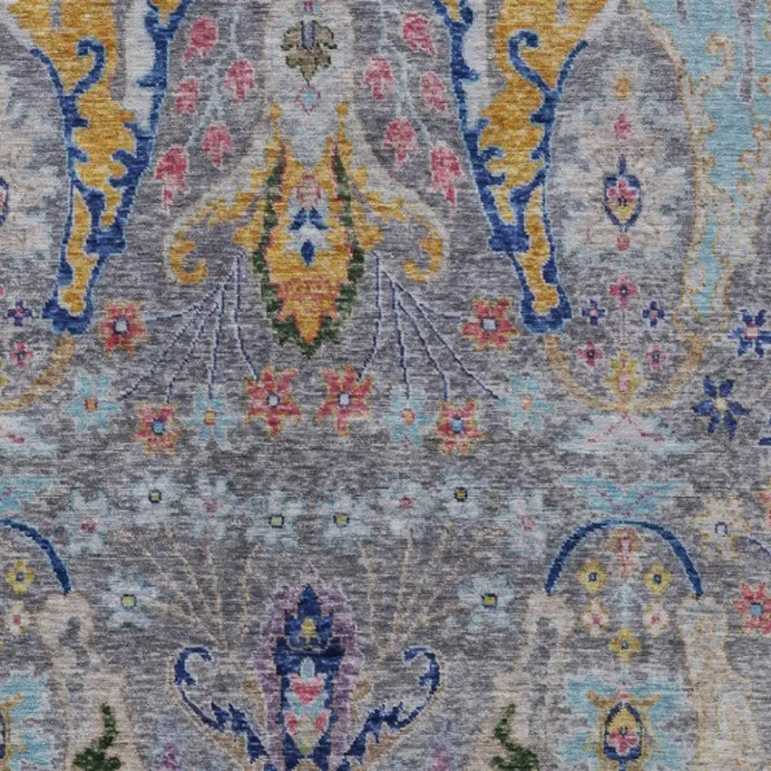 Gray Gold And Navy Blue Floral Washable Indoor Outdoor Area Rug Photo 4