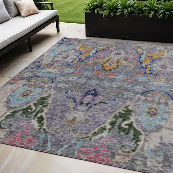 Gray Gold And Navy Blue Floral Washable Indoor Outdoor Area Rug Photo 2