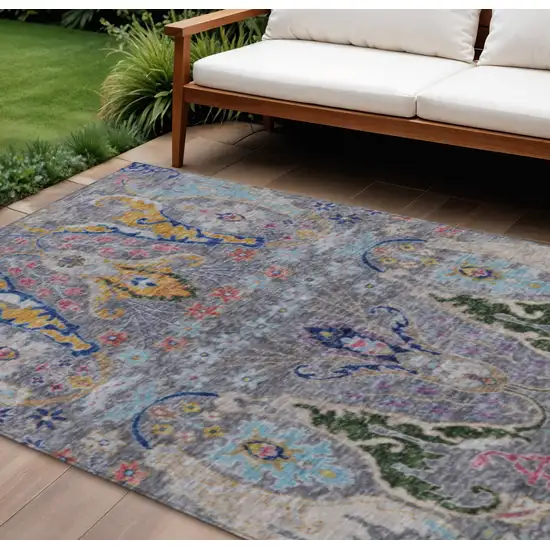 Gray Gold And Navy Blue Floral Washable Indoor Outdoor Area Rug Photo 1